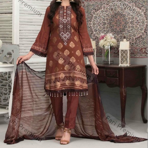 3 Piece Embroidered Banarsi Cotton Chiffon Shalwar Kameez Suit Pakistani/Indian - Picture 1 of 17